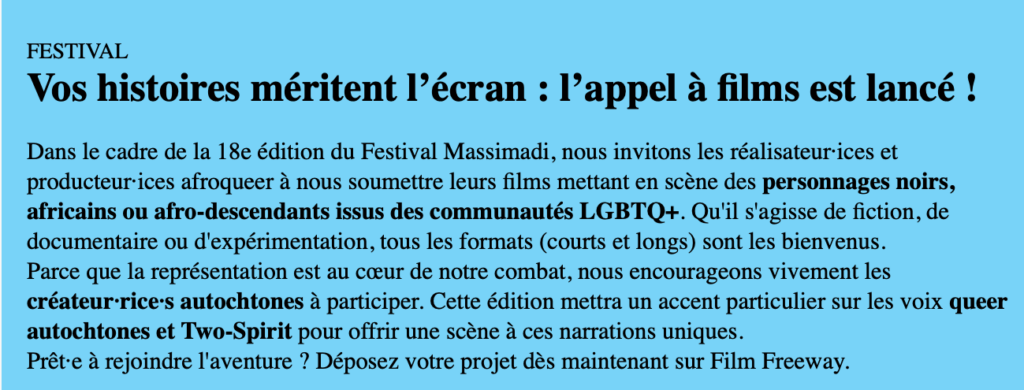 Festival Massimadi: appel à films